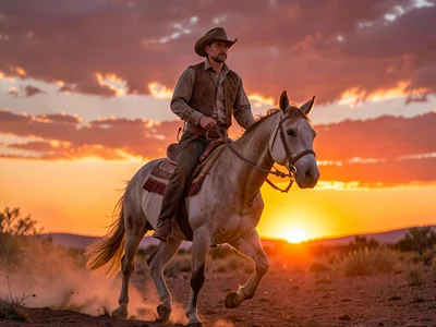 Cowboy on horse sunset