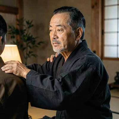 Lamp-lit portrait of a sensei adjusting a student's posture with a hand on the s