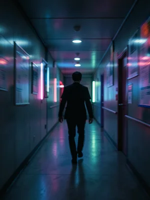Figure walking away down neon-lit corridor, motion blur, melancholic atmosphere