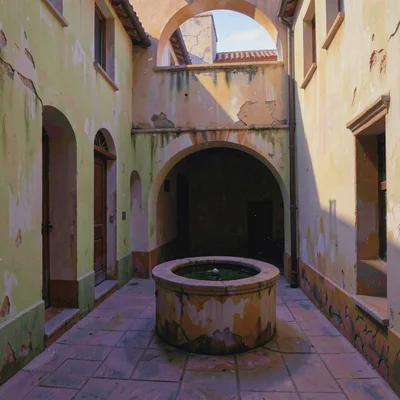 Dawn courtyard with cool violet shadow under the well rim and the first warm lig