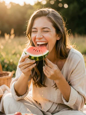 Person biting into watermelon wedge at picnic, juice running down chin