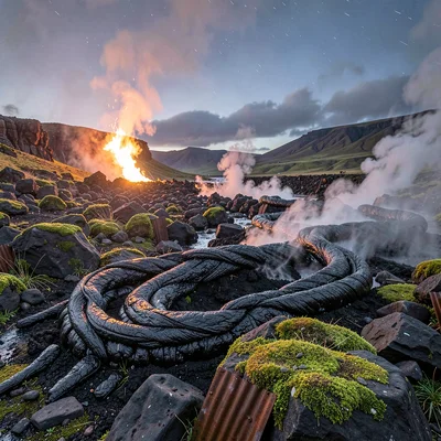 Volcanic otherworldly light in Iceland, the pattern of lava ropes frozen in blac