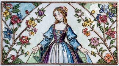 Cloisonné enamel illustration, maiden with flowers , copper wire outlines, glass