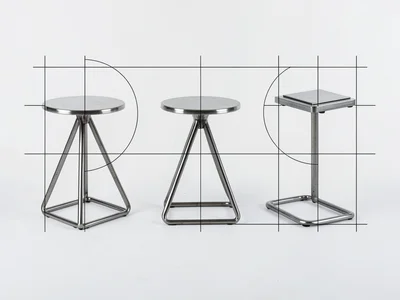 Three metal stools — circle seat, triangle base, square seat — side by side