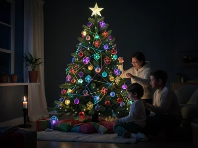 Family decorating Christmas tree together, ornaments, lights, living room