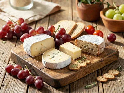 Rustic wooden cutting board loaded with artisan cheeses, grapes, and crackers