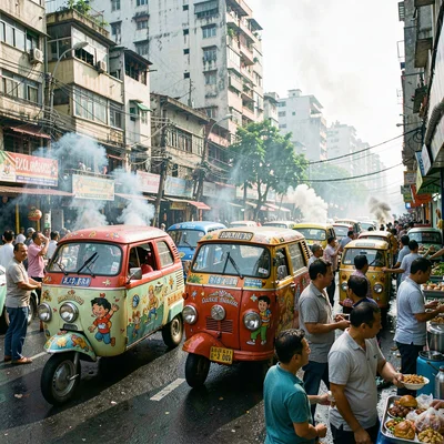 Documentary photograph of megacity life, dense urban scene, Painted three-wheele