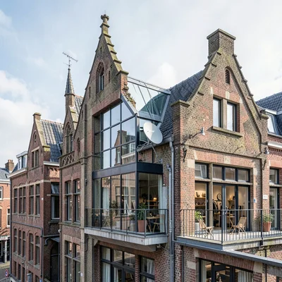 Medieval-modern temporal collision, Ghent layers, Apartment balcony with satelli