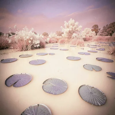 Lily pads scattered across a still pond rendered as silver discs on warm cream w