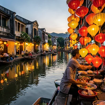 Hoi An lantern glow, silk amber on water, street vendor selling silk lanterns, o