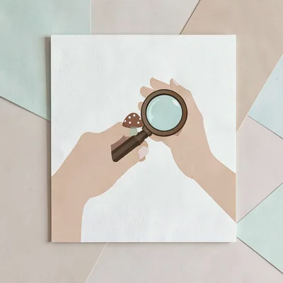 Flat-vector module card of a hand holding a hand-lens over a tiny mushroom, mint