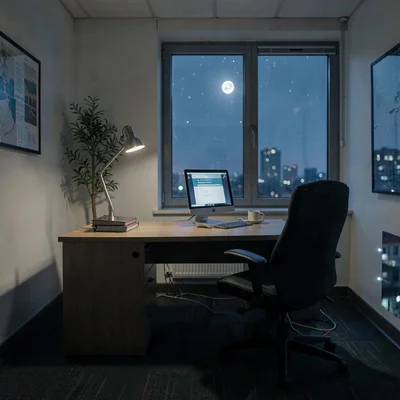 Wide nocturnal shot of a small SMB office at night with a single desk lamp on