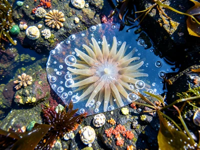 Frozen puddle with trapped bubbles, air pockets flattened against ice underside 