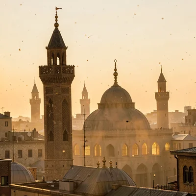 Islamic Cairo geometry, medieval city light, minaret silhouettes against golden 