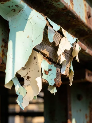 Industrial paint peeling in large sheets from steel beam, hanging flaps revealin