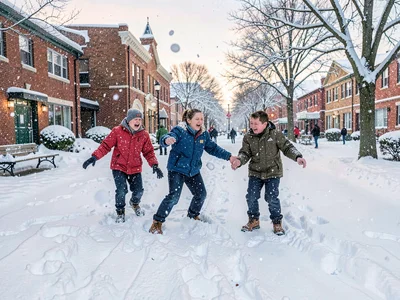 School yard at recess, first snow chaos, joy and snowballs already