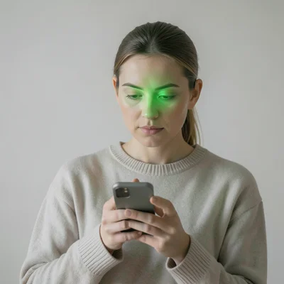 Person using facial recognition to unlock their phone, green light on their face