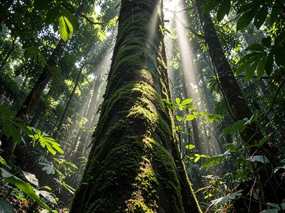 Moss-covered trunk catching rare direct light