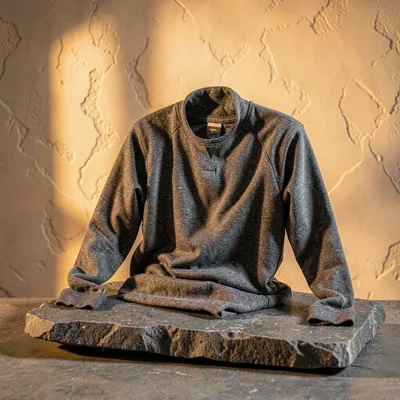 Warm garment portrait of long-sleeve thermal jersey in heather charcoal, scrunch