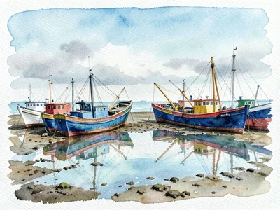 A harbor at low tide, fishing boats resting on mud, their colorful hulls reflect
