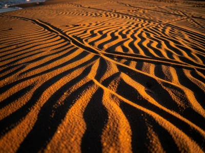 Coastal sand ripples at water's edge, wave-formed ripples intersecting wind-form