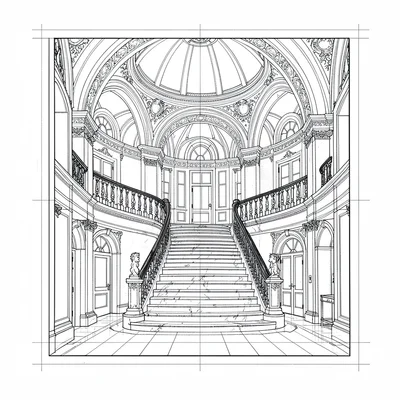 detailed plan view of grand foyer with curved staircase and rotunda, blueprint s