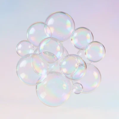 Bubbles of various sizes in clear glass with prismatic reflections, arranged in 
