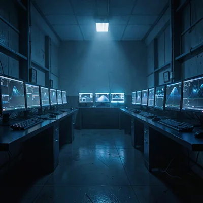 Nocturnal photograph of an empty SOC with rows of monitors casting cool blue glo