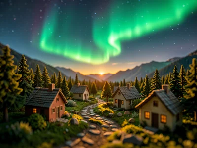 Northern lights over tiny village, tilt-shift, miniature houses, model aurora