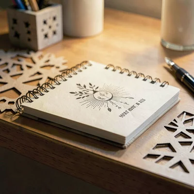 Papercraft ig-tile of a small paper-cut sketchpad on a paper-cut counter, soft w