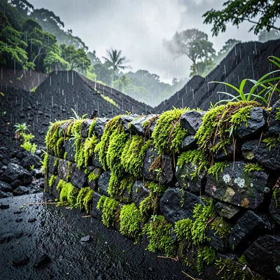 Stark black volcanic surfaces against verdant green, Moss covering an old stone 