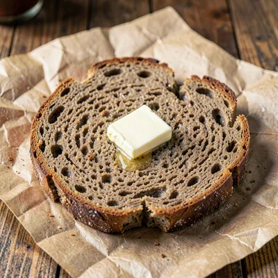 single dense slice of small-batch malt-loaf bread fanned across parchment with b
