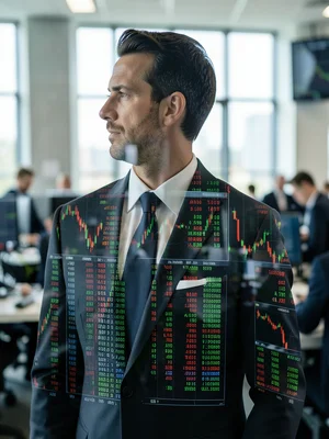 Man in suit silhouette filled with stock market ticker screens and trading floor