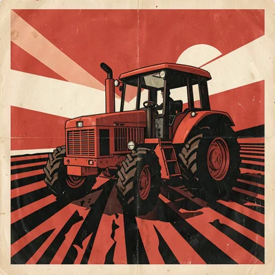 Soviet constructivist poster illustration, a tractor plowing fields in bold shap