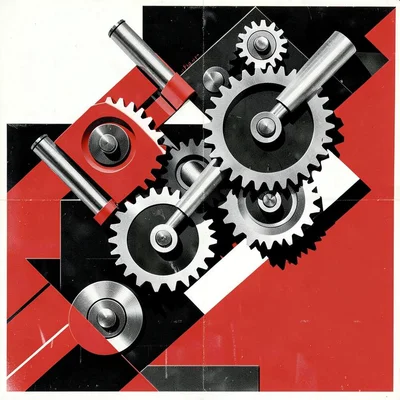 Press printing machinery — gears and rollers as interlocking geometric shapes
