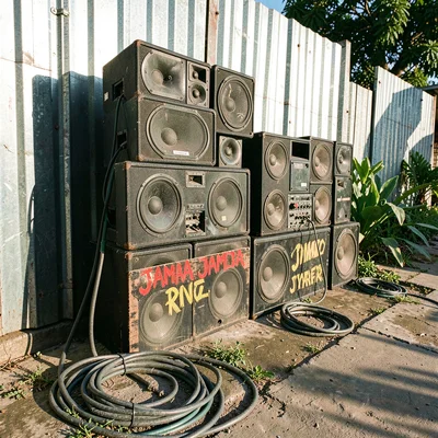Documentary photograph with Jamaican yard aesthetic, Stack of sound system speak