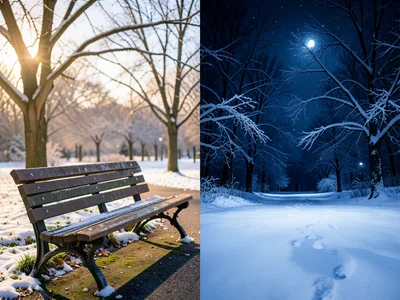 Park bench scene, left half spring afternoon, right half winter midnight with sn