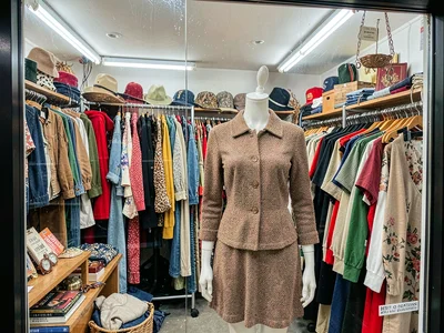 Thrift store window display, mannequin in curated outfit, best of donations