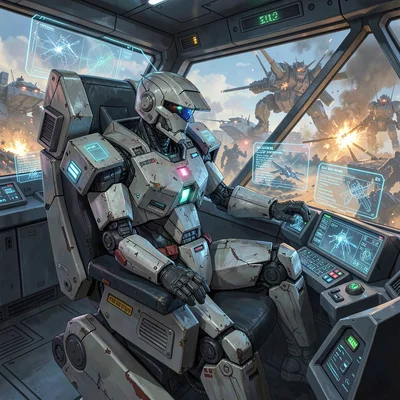 Video game concept art illustration, a mech pilot in cockpit, holographic displa