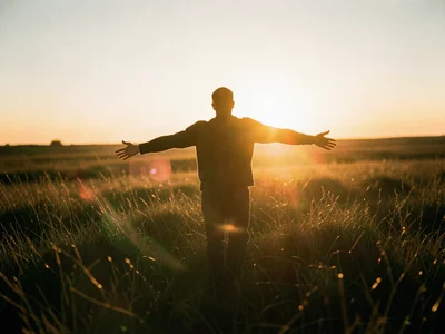 Person walking through tall grass at golden hour, only silhouette visible, arms 