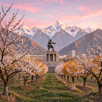 Tian Shan mountains behind Soviet Almaty, spring apple blossoms framing Soviet w