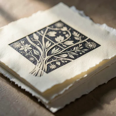 Macro of a freshly printed linocut stacked with cream cotton paper, deckle edges