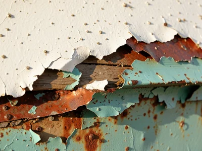 Marine paint on a hull, anti-fouling copper red showing through chipped topcoat 