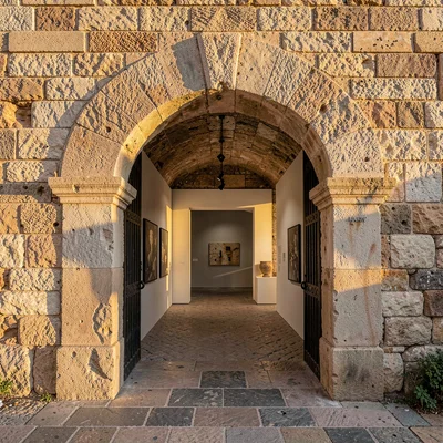 Old Jaffa time-layered, ancient port stone warmth, Byzantine arch repurposed as 