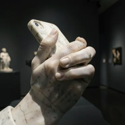 Detail of a marble hand holding a smartphone, the stone fingers gripping the thi