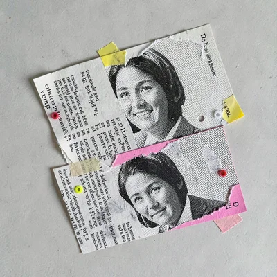 Cut-paper collage IG of three torn-letter postcards stacked at angles, halftone