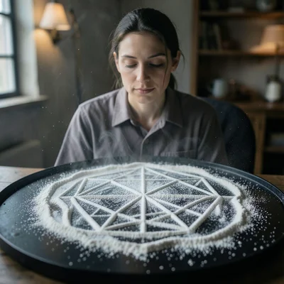 Chladni plate with sand forming geometric nodal pattern from vibration, fine whi