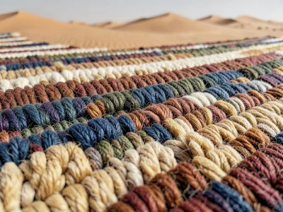 A desert with sand dunes, the ripples rendered as rows of varying carpet pile he