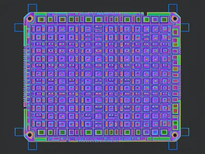 Silicon die macro, regular grid of transistor blocks in metallic purple-blue, mi