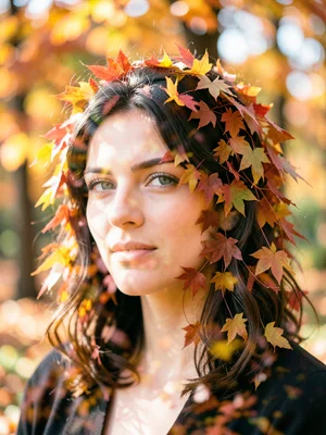 Woman's face blended with autumn maple forest, leaves seeming to grow from her h
